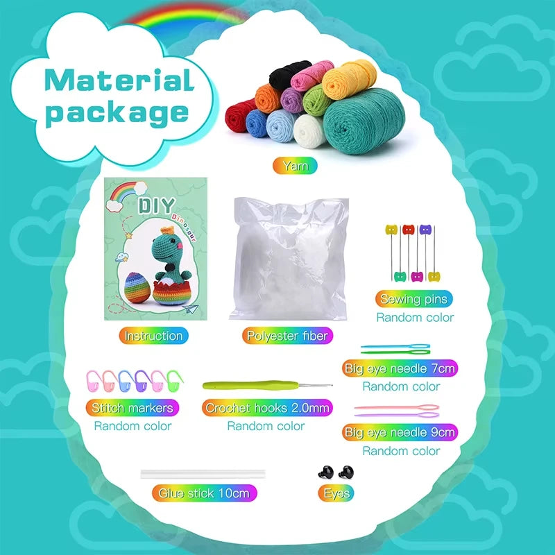 Dinosaur Crochet Kit – DIY Handmade Knitted Wool Doll Ornament Craft Set for Beginners