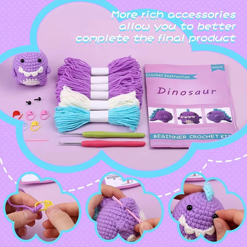 Dinosaur Crochet Kit – DIY Handmade Knitted Wool Doll Ornament Craft Set for Beginners