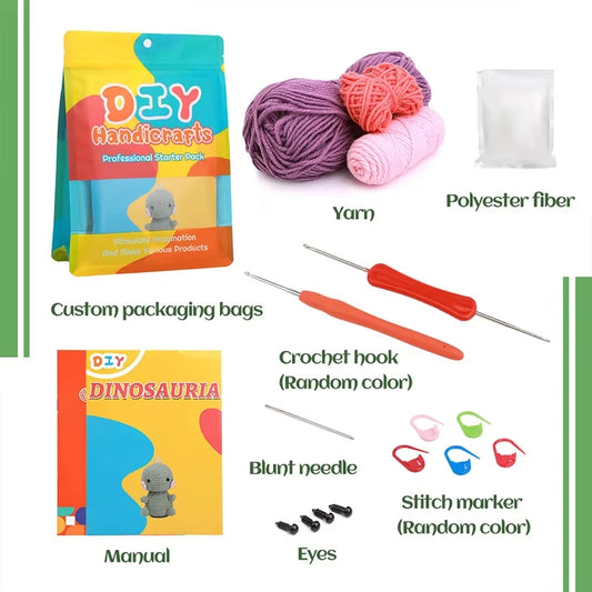 Dinosaur Crochet Kit – DIY Handmade Knitted Wool Doll Ornament Craft Set for Beginners