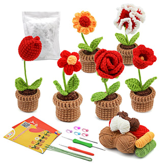 Beginner Crochet Kit - 6pcs DIY Potted Flower Set with Video Tutorial, Cotton Yarn, Needles, Hooks & Knitting Tools