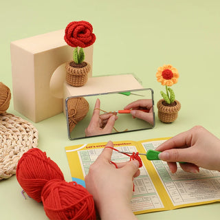 Beginner Crochet Kit - 6pcs DIY Potted Flower Set with Video Tutorial, Cotton Yarn, Needles, Hooks & Knitting Tools