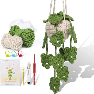 Beginner Crochet Hanging Plant Kit – DIY Macrame & Knitted Plant Decor with Video Tutorial, Cotton Yarn, Hooks & Tools