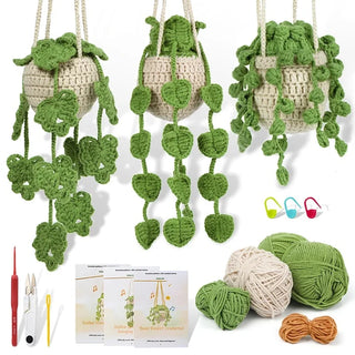 Beginner Crochet Hanging Plant Kit – DIY Macrame & Knitted Plant Decor with Video Tutorial, Cotton Yarn, Hooks & Tools