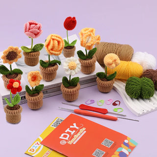 Beginner Crochet Kit - 6pcs DIY Potted Flower Set with Video Tutorial, Cotton Yarn, Needles, Hooks & Knitting Tools