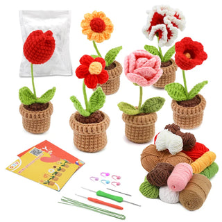 Beginner Crochet Kit - 6pcs DIY Potted Flower Set with Video Tutorial, Cotton Yarn, Needles, Hooks & Knitting Tools