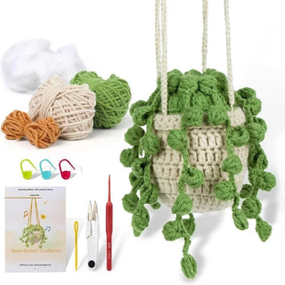 Beginner Crochet Hanging Plant Kit – DIY Macrame & Knitted Plant Decor with Video Tutorial, Cotton Yarn, Hooks & Tools