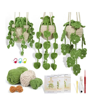 Beginner Crochet Hanging Plant Kit – DIY Macrame & Knitted Plant Decor with Video Tutorial, Cotton Yarn, Hooks & Tools